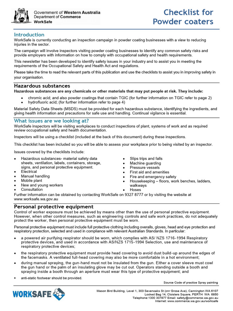 Powder Coating Safety Checklist | PDF | Business