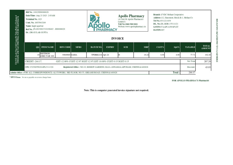 Apollo Pharmacy Invoice Details | PDF | Taxes | Payments