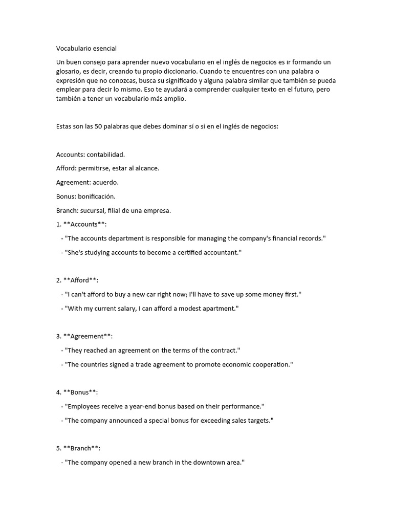 Vocabulario Clave en Inglés de Negocios | PDF | Iniciativa empresarial ...