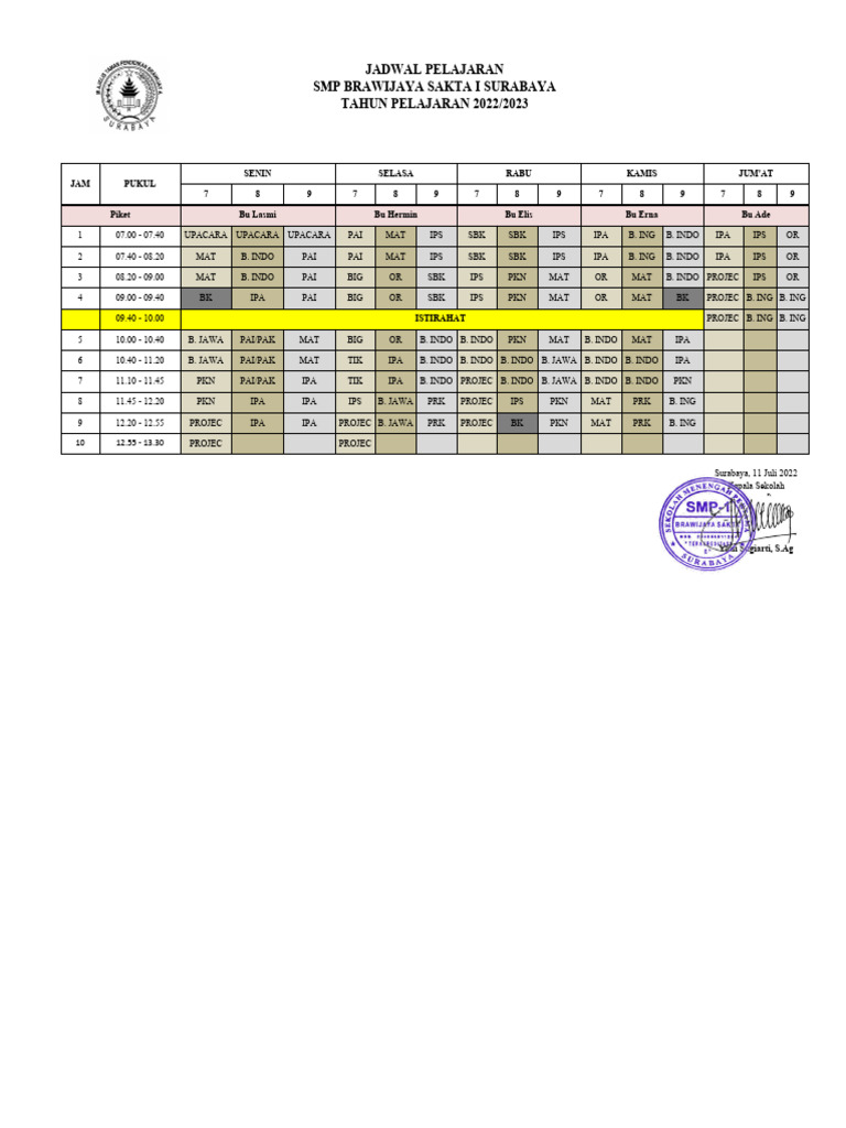 Jadwal Pelajaran Baru 2022-2023 | PDF