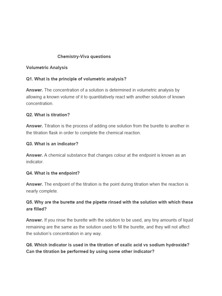 XI Chemistry Viva Questions PDF Chemistry Titration