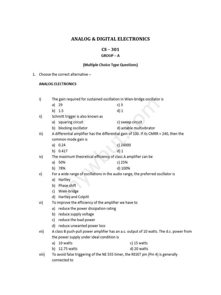 Analog and Digital Electronics Question Paper Download Free PDF