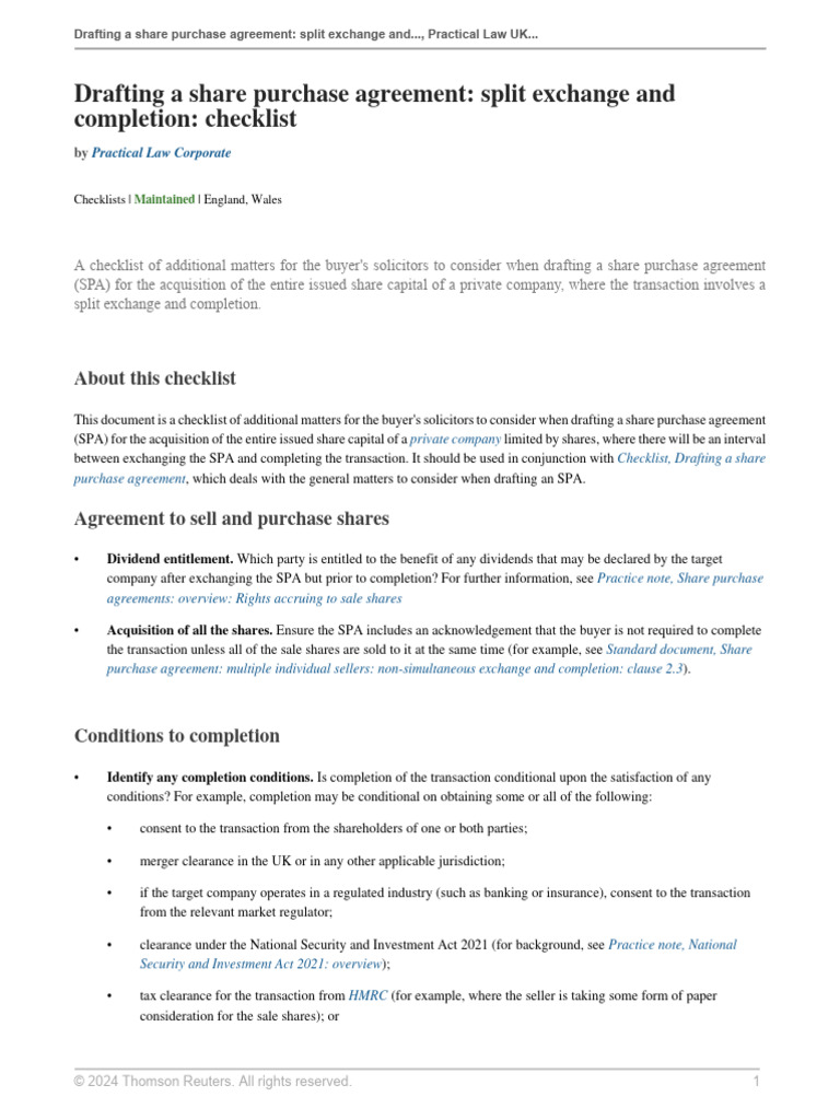 Drafting A Share Purchase Agreement Split Exchange and Completion