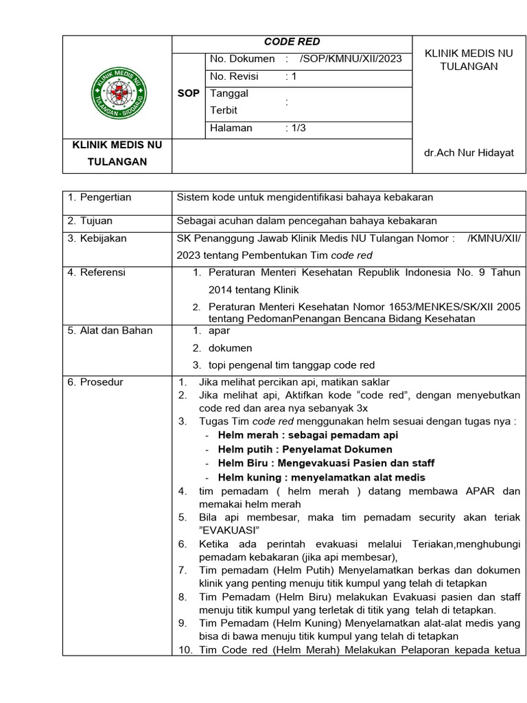 Prosedur SOP Code Red Klinik Medis | PDF