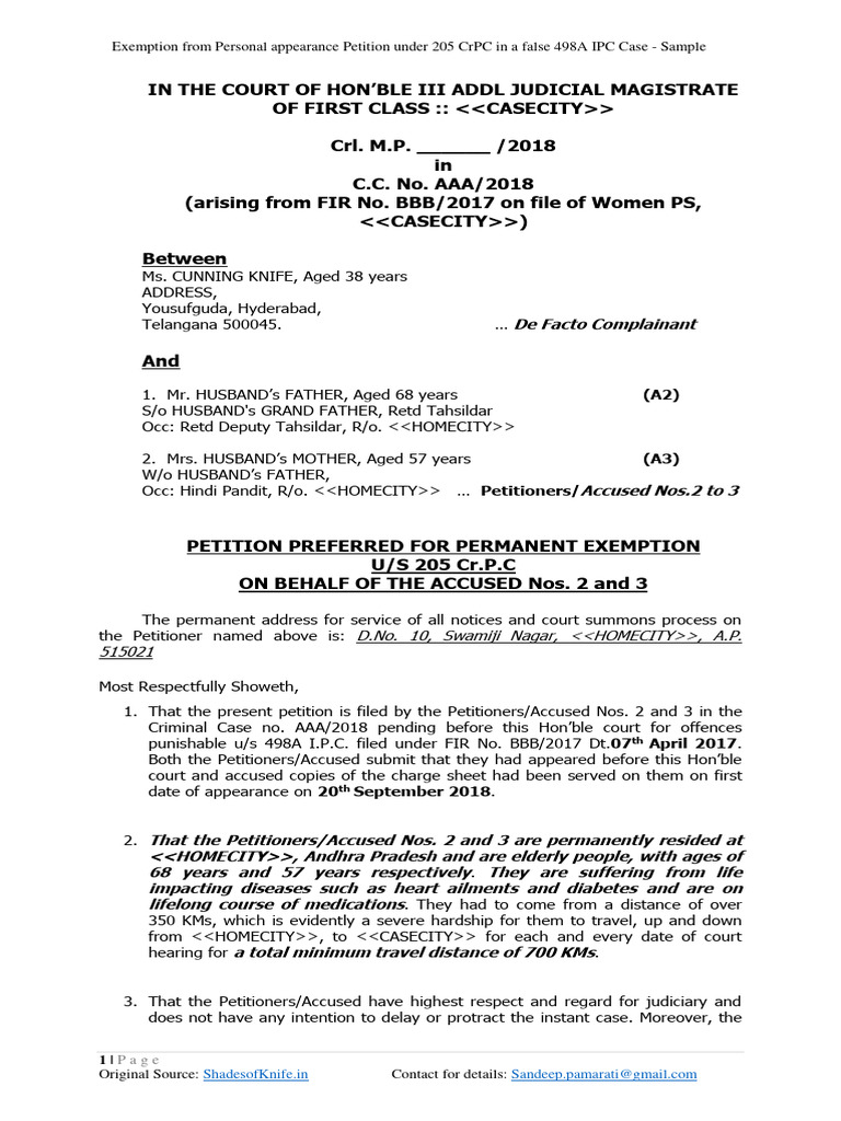 Exemption From Personal Appearance Under CRPC 205 in IPC 498A Case ...