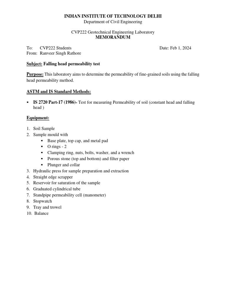 CVP222 Falling Head Permeability Test | PDF | Permeability (Earth ...