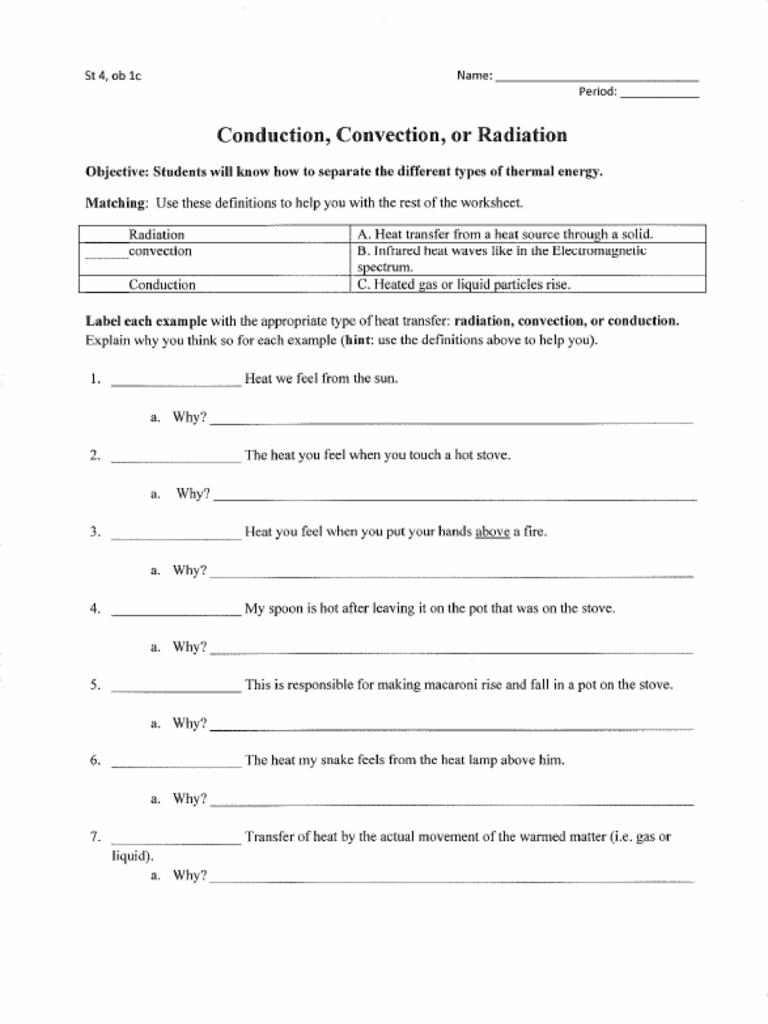 Conduction Convection and Radiation Worksheet | PDF