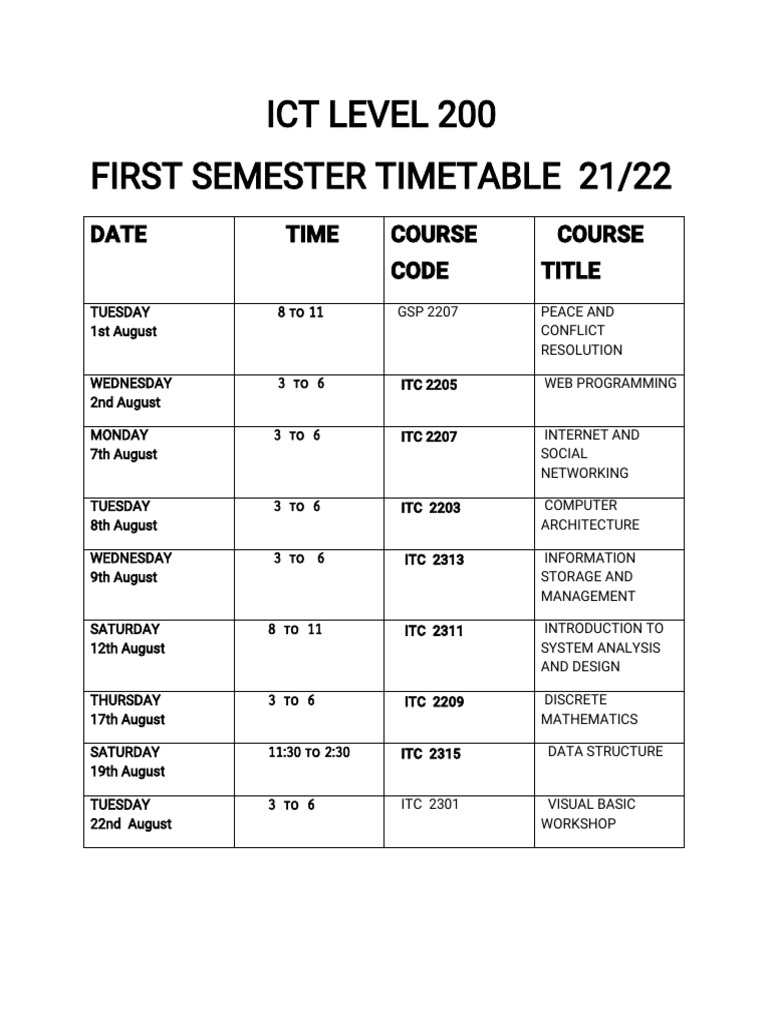 ICT Level 200 First Semester Timetable | PDF