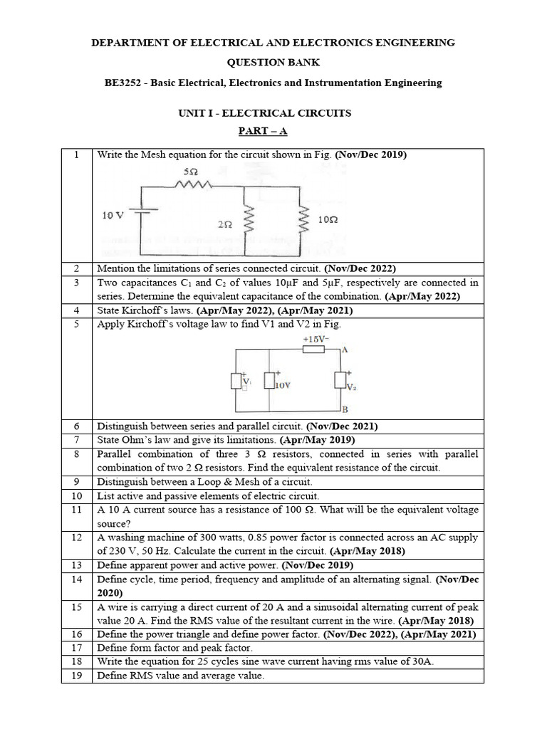 BE3252 Question Bank for Electrical Engineering | PDF