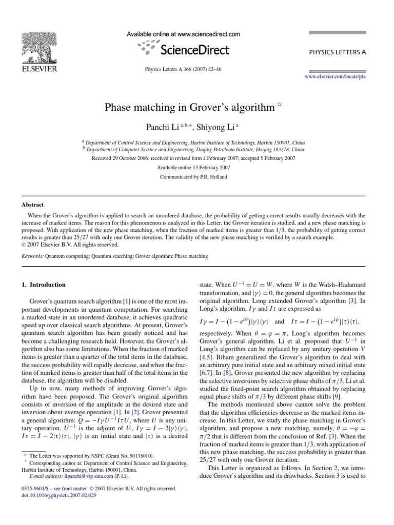 Phase Matching in Grover's Algorithm | PDF | Theoretical Physics ...