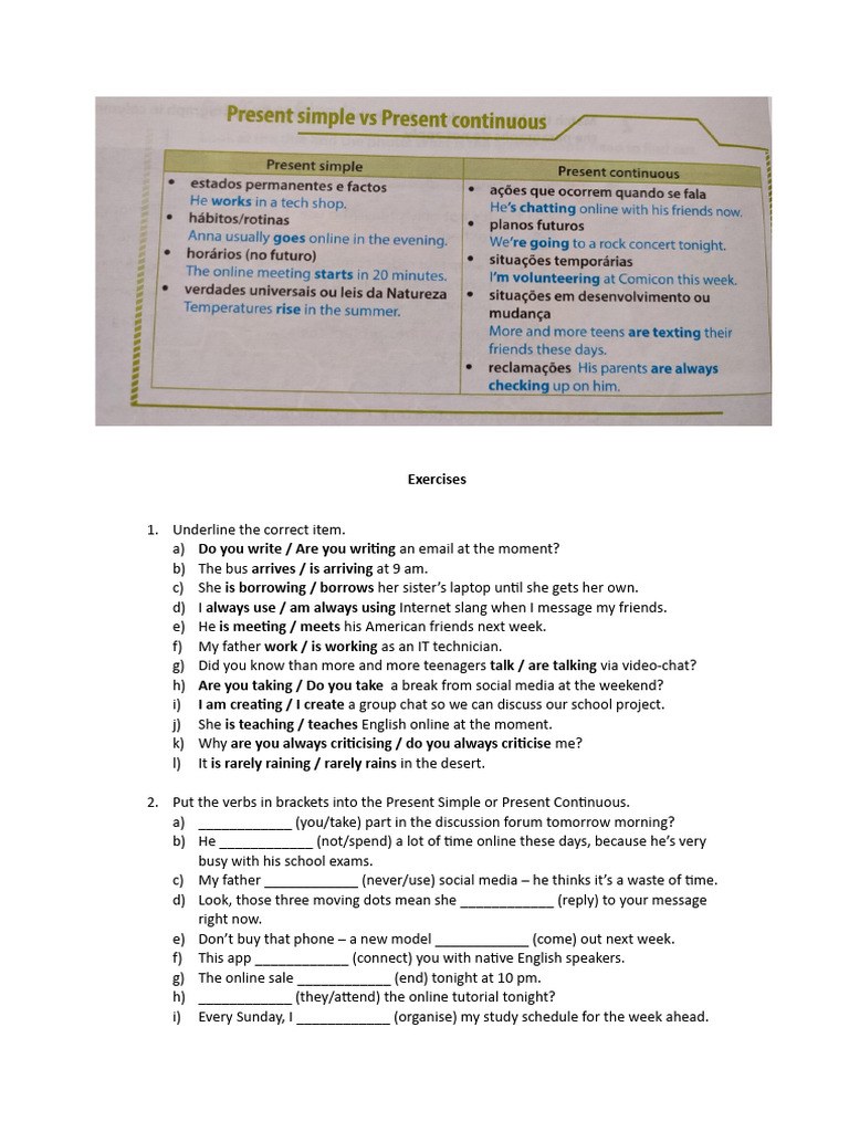 Present Simple vs Continuous Exercises | PDF