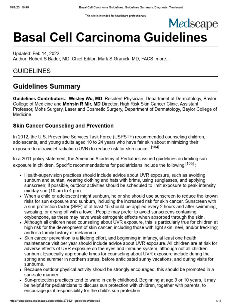 Basal Cell Carcinoma Guidelines Guidelines Summary, 2022 Download