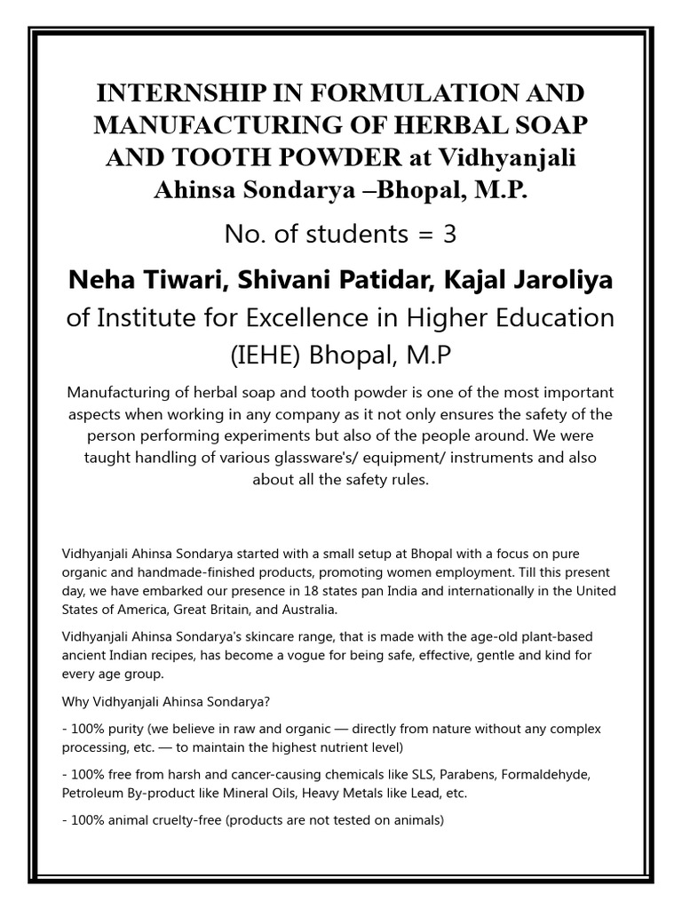 Internship in Herbal Soap & Tooth Powder | PDF | Wellness
