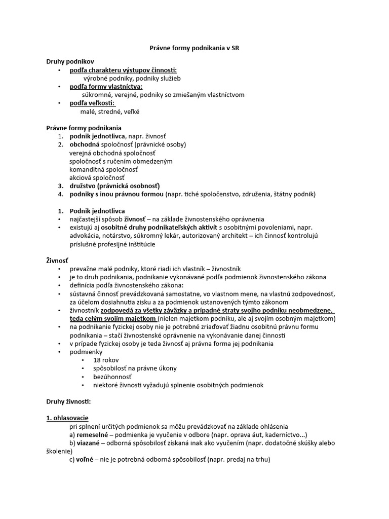 Právne Formy Podnikania V SR | PDF