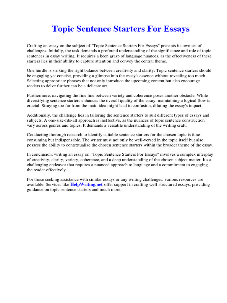 Topic Sentence Starters For Essays PDF Cuba Etching