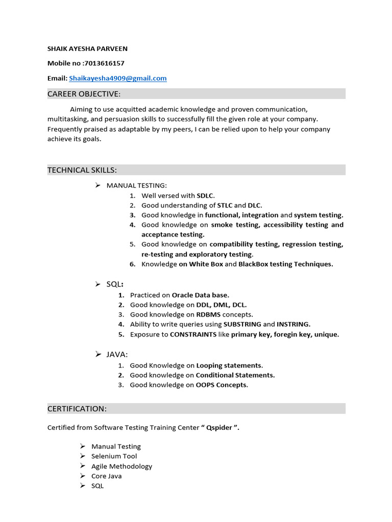 Aspiring Software Tester Resume | PDF | Sql | Computer Programming
