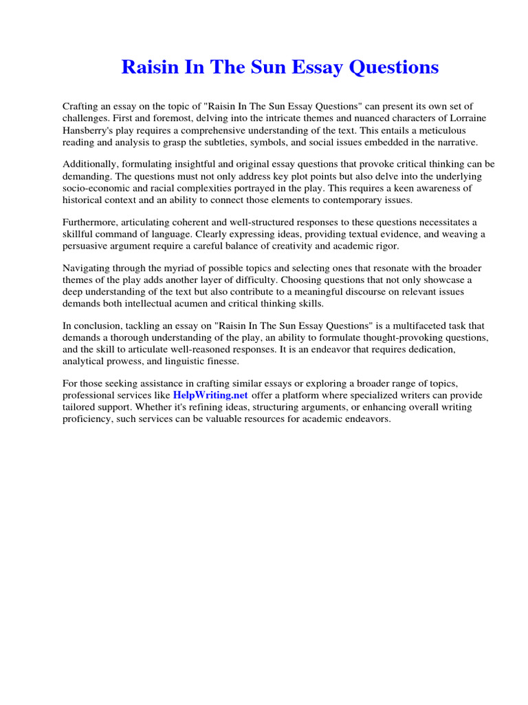 Raisin in The Sun Essay Questions | PDF | Huckleberry Finn | Adventures ...
