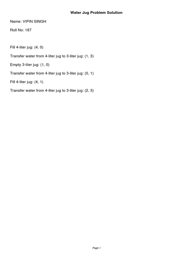 Water Jug Problem Solution PDF