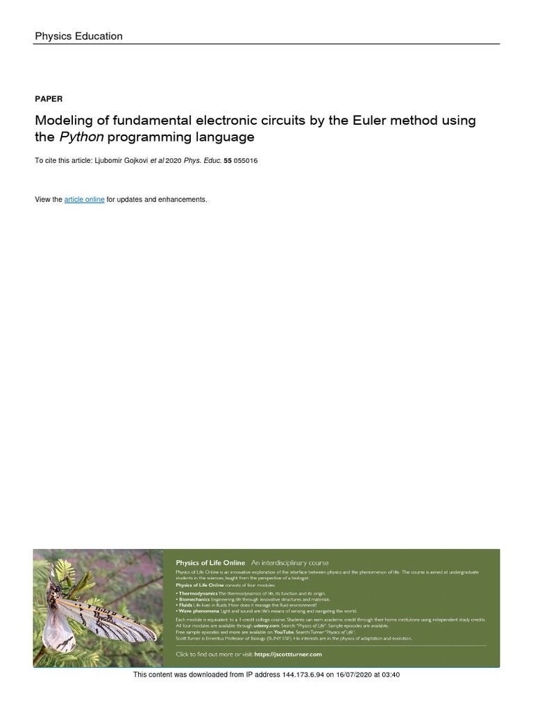 Modeling of fundamental electronic circuits by the euler method using