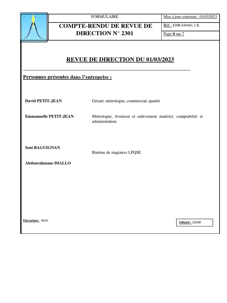 Compte-rendu Revue de Direction 2023 | PDF | Audit | Business