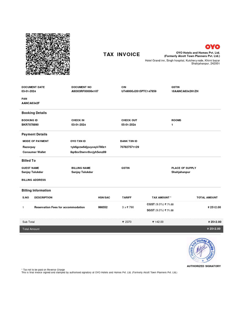 OYO Hotel Invoice for Sanjay Talukdar | PDF | Taxes | Payments