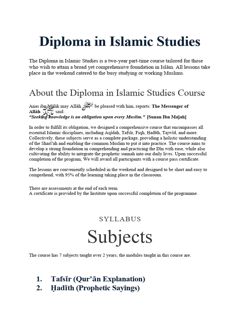 Diploma in Islamic Studies Overview | PDF | Prophets And Messengers In ...