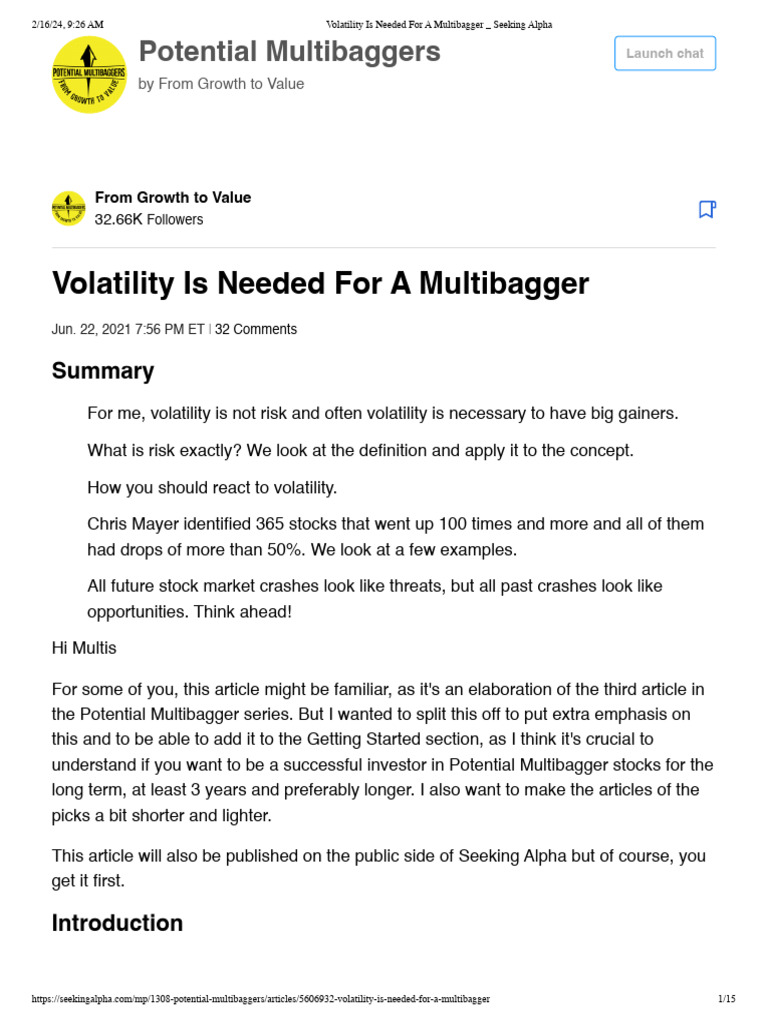 Volatility's Role in Multibagger Success | PDF | Risk | Exchange Traded ...