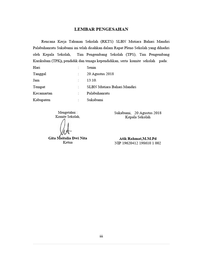Lembar Pengesahan RKTS SLBN 2018 | PDF