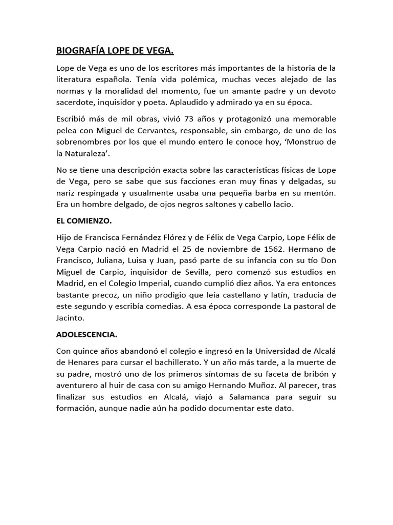 Biografía Lope de Vega | PDF | Miguel De Cervantes