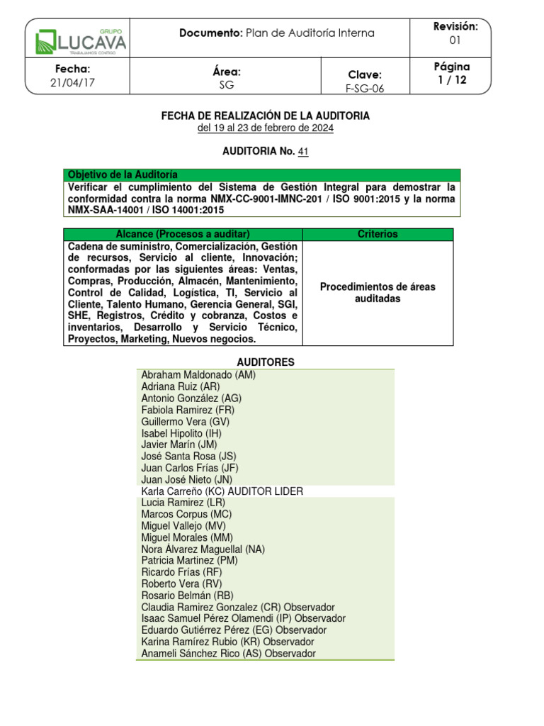 Plan de Auditoría Interna ISO 2024 | PDF | Planificación | Auditoría
