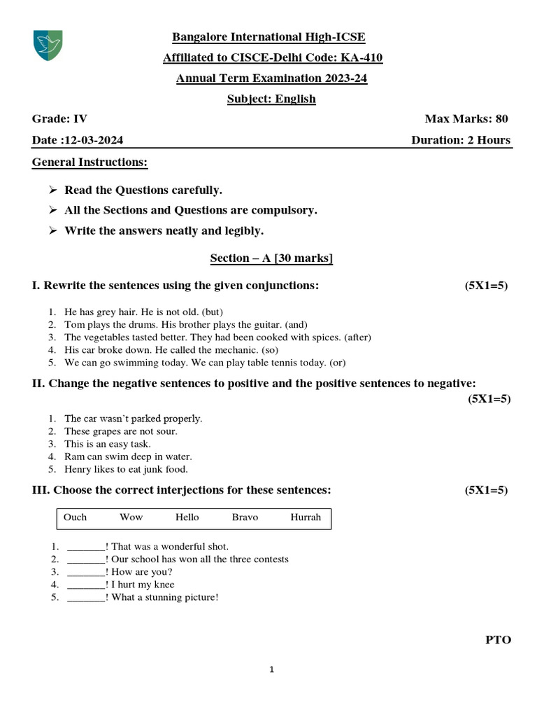 Class 4 English Exam Paper 2023-24 | PDF | Language Arts & Discipline