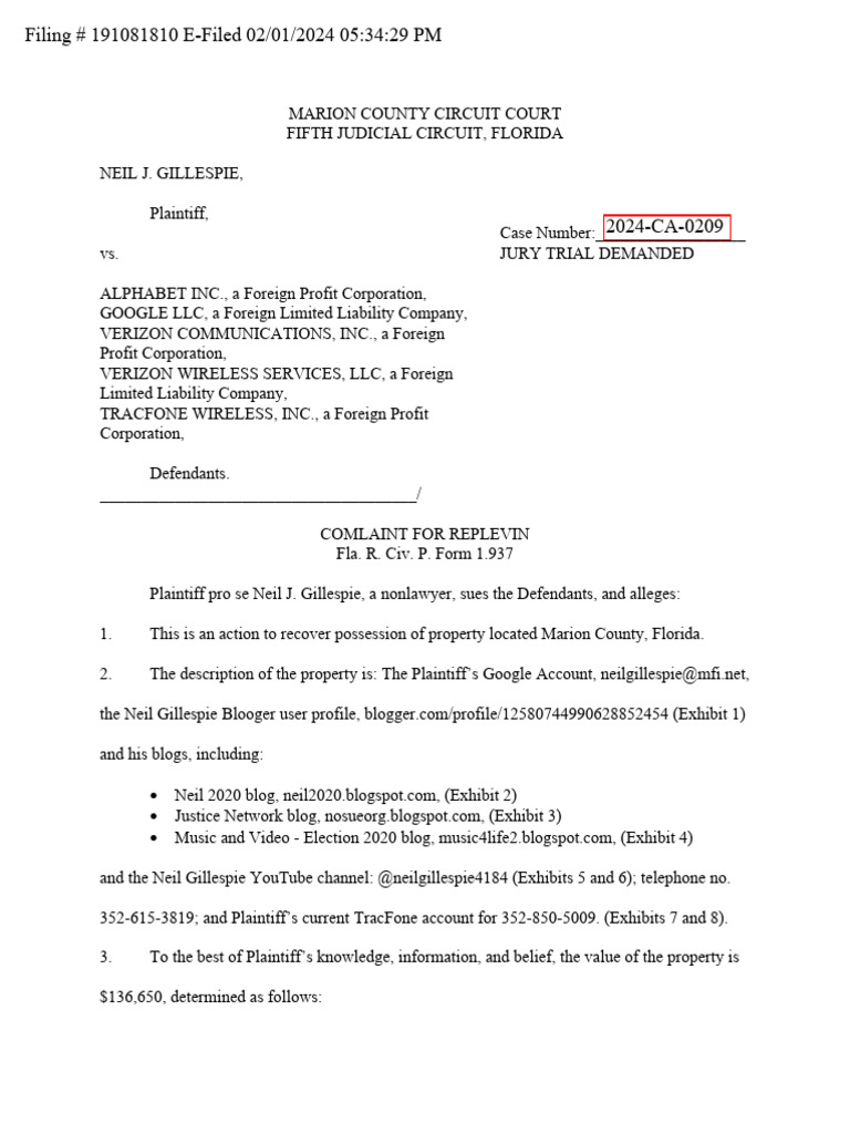 Replevin Complaint Against Google & Verizon | PDF | Supreme Court Of The  United States | Alphabet Inc.