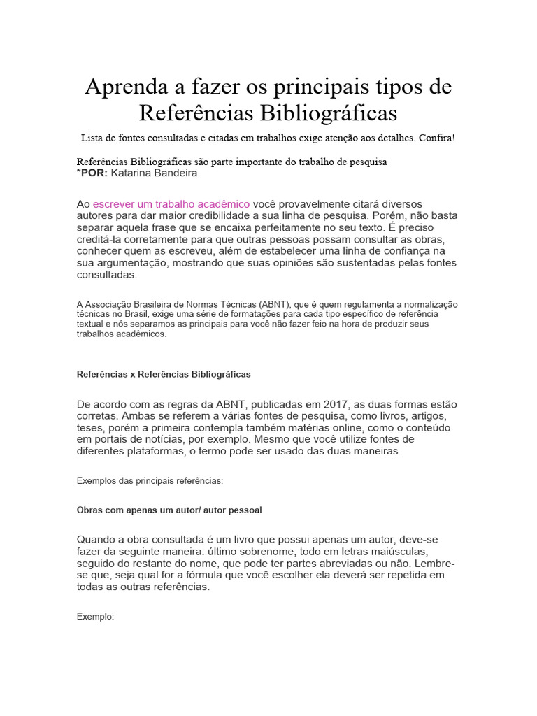 Tipos de Referências Bibliográficas ABNT | PDF | Citação | Bibliografia