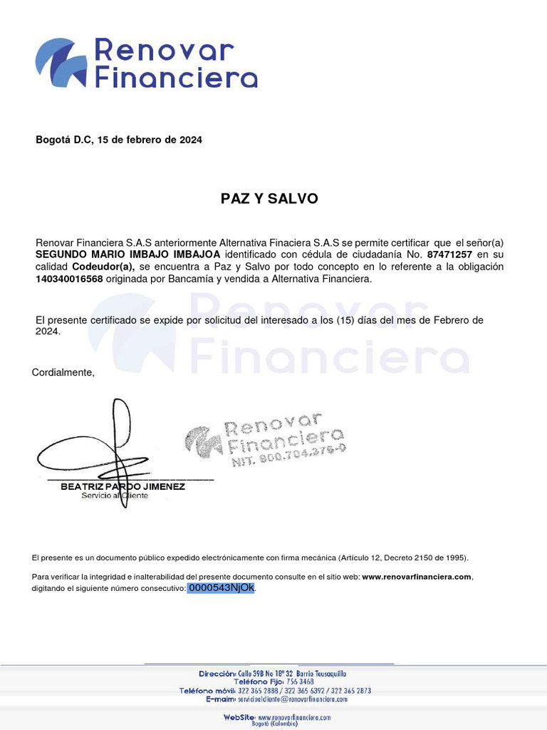 Certificado de Paz y Salvo - Renovar Financiera | PDF