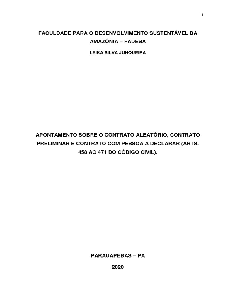 Trabalho dos contratos aleat rios do contrato preliminar do