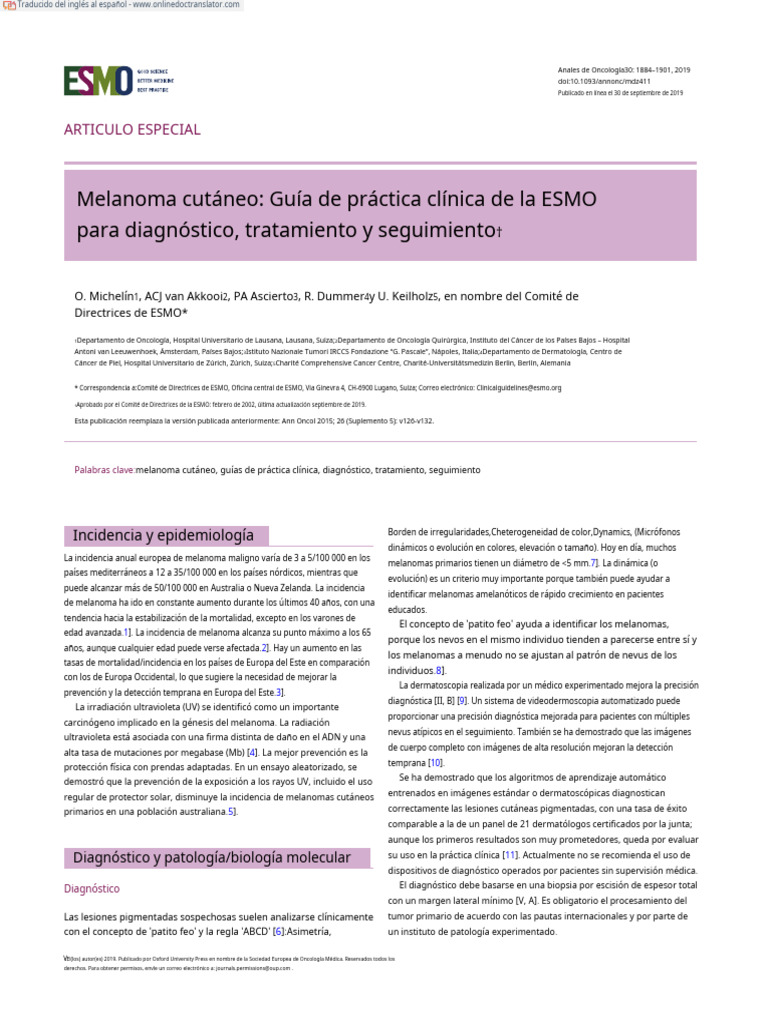 Guía ESMO sobre Melanoma Cutáneo | PDF | Metástasis | Cáncer