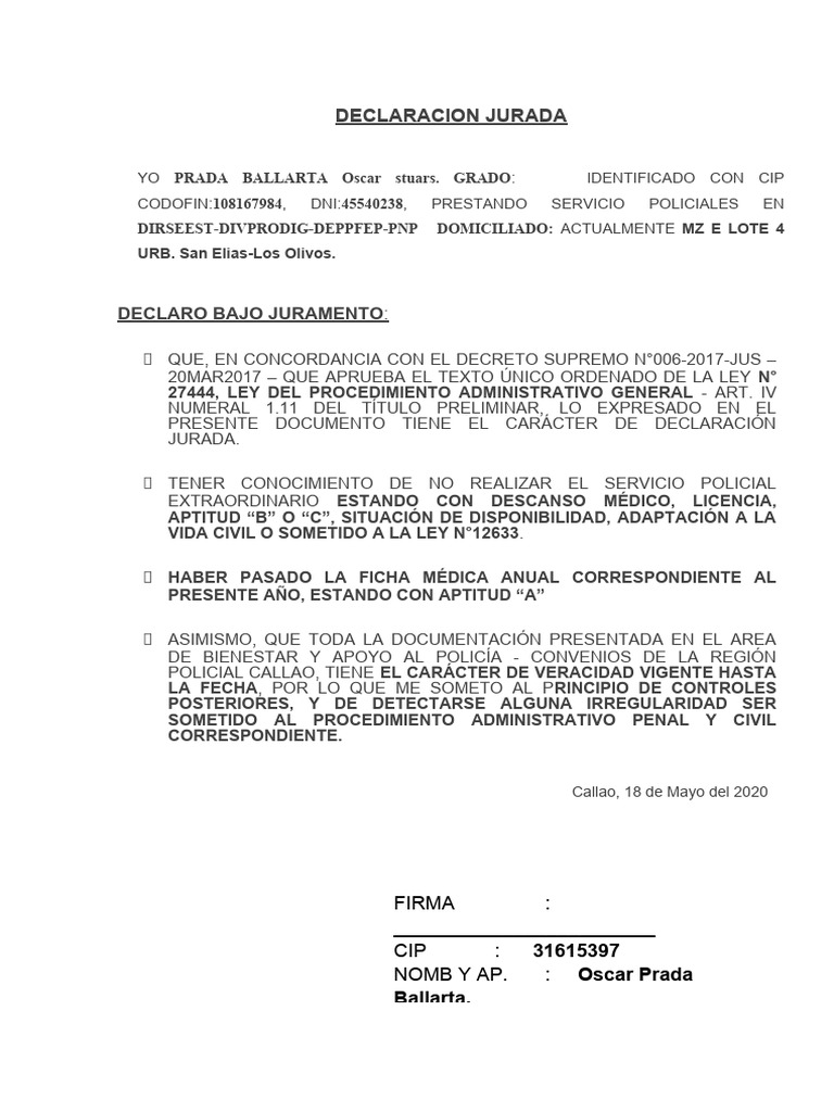 Declaración Jurada de Servicio Policial | PDF