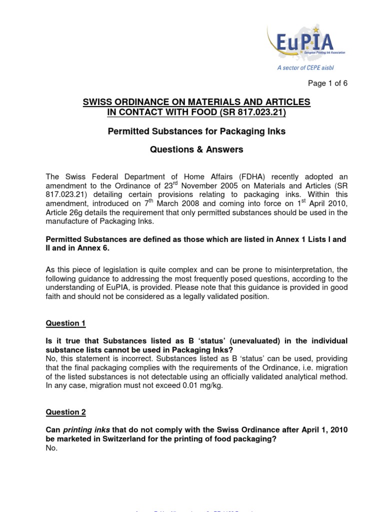 Swiss FCM Ordinance EuPIA Q PDF Switzerland Toxicology
