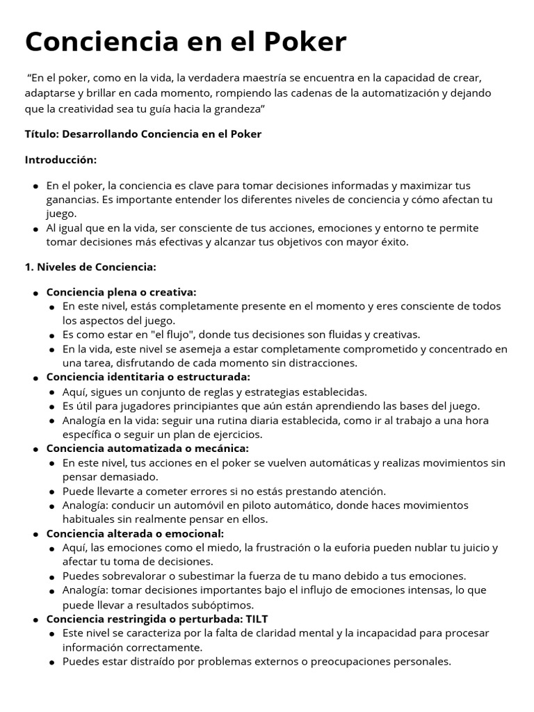 Niveles de Conciencia en el Poker | PDF | Las emociones | Pensamiento