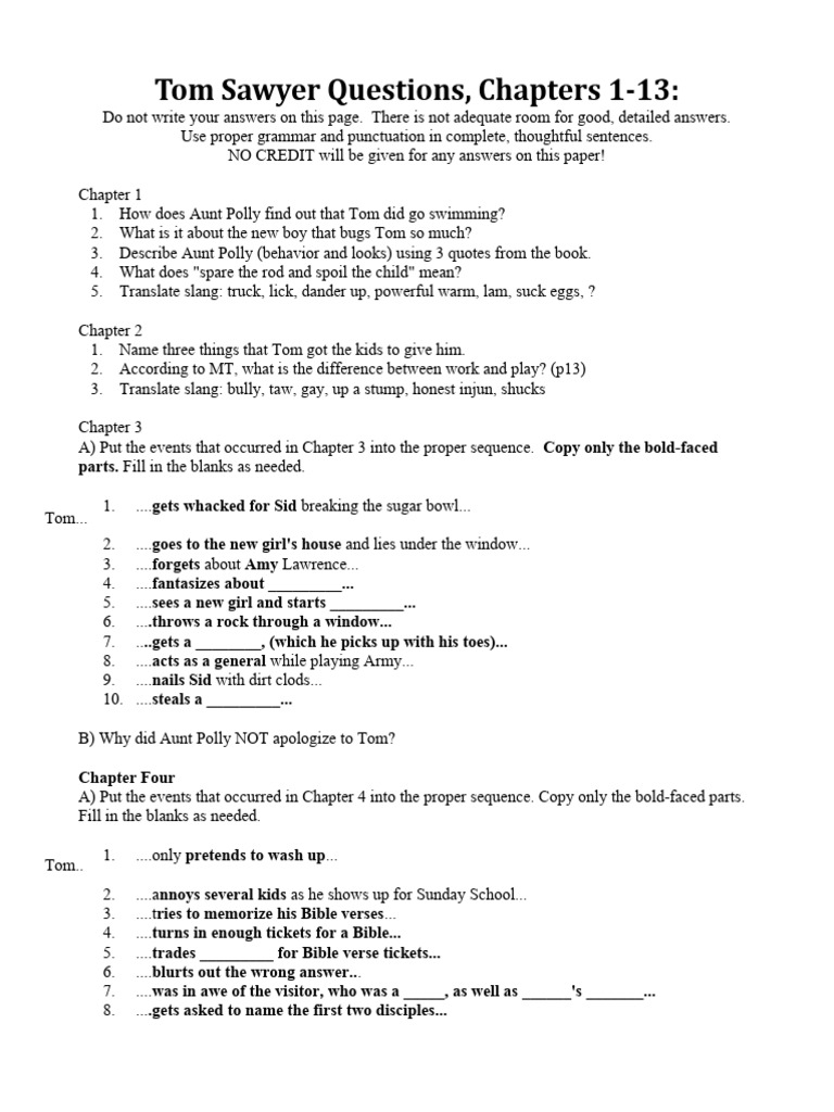 Tom Sawyer Questions CH 1-12 | PDF | General Fiction, image size:768x1024