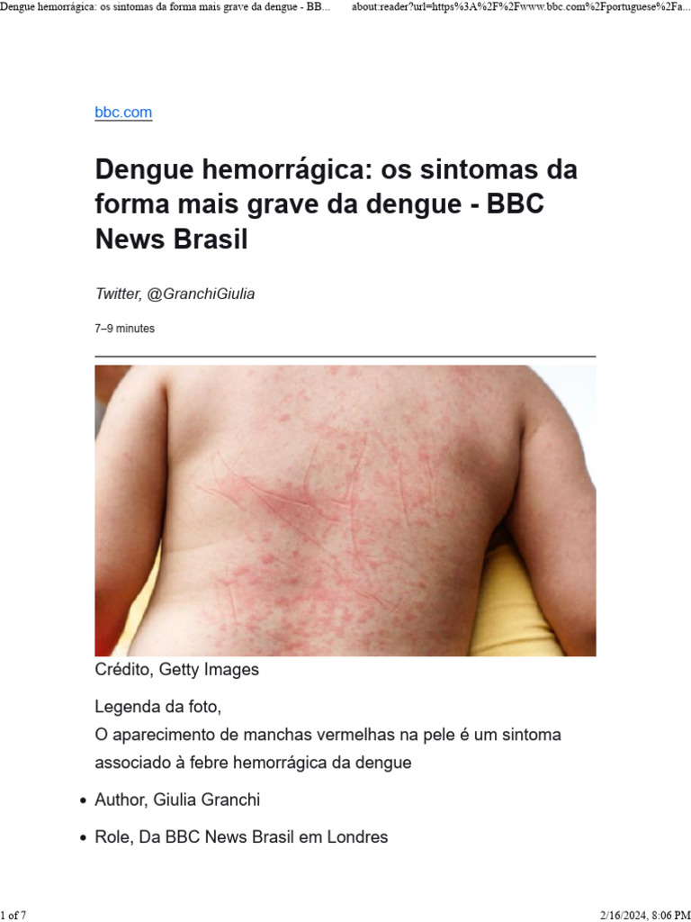 Dengue Hemorrágica Os Sintomas Da Forma Mais Grave Da Dengue - BBC News ...