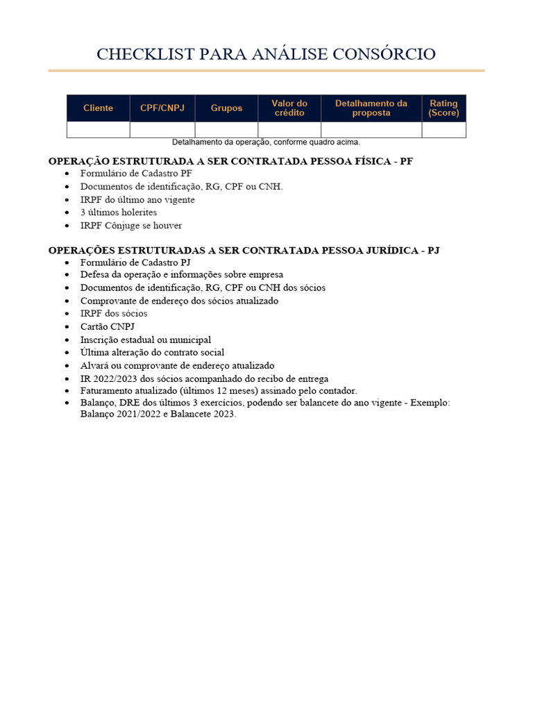 Checklist para Análise de Consórcio CNPJ | PDF