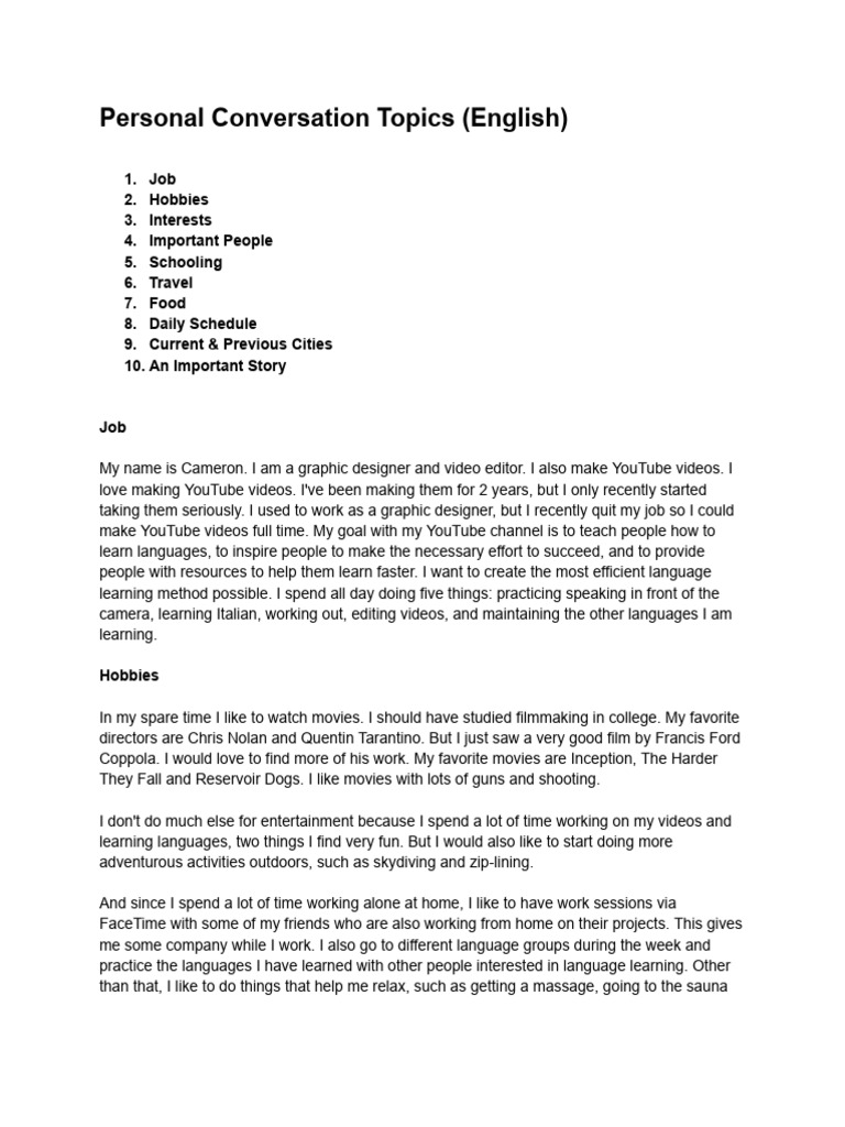 R - Personal Conversation Topics (Example) | PDF | Restaurants