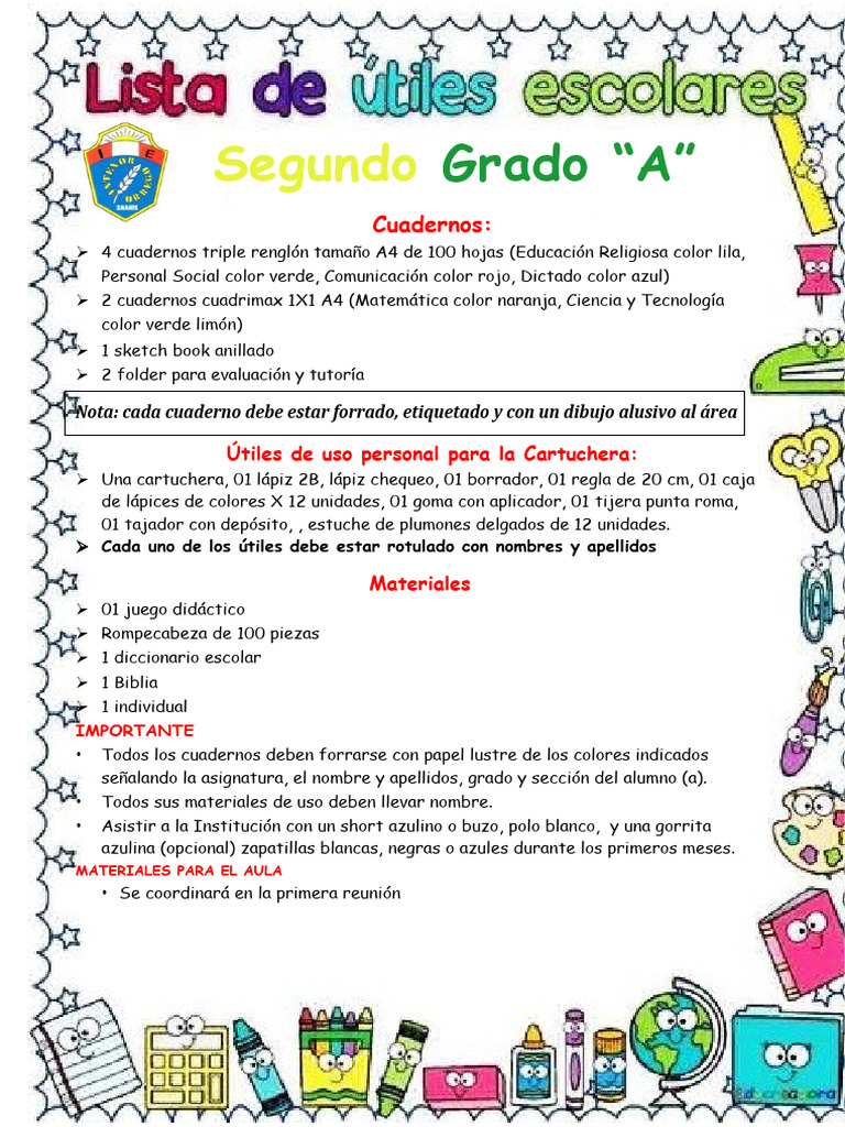 Lista de Utiles Escolares Segundo Grado 2024 | PDF