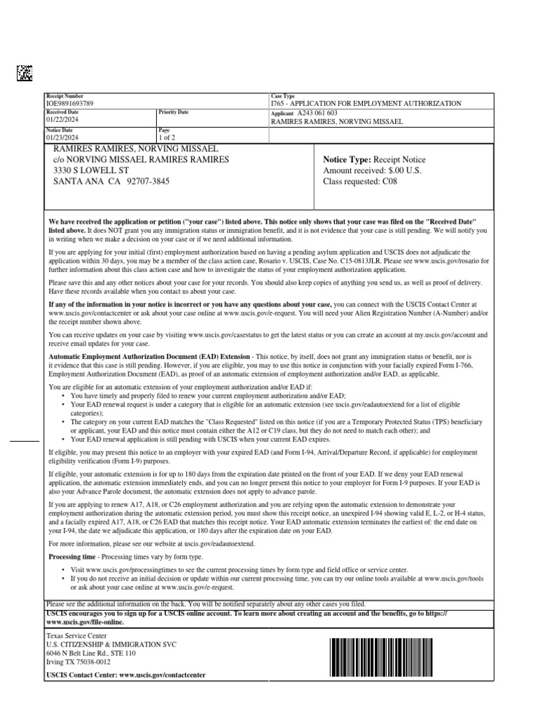 Receipt notice i 765 norving missael ramires ramires pdf identity
