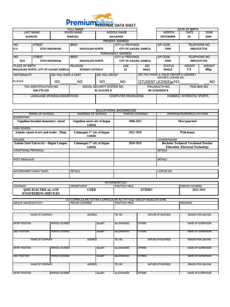 PBC Personal Data Sheet | PDF | Background Check | Justice
