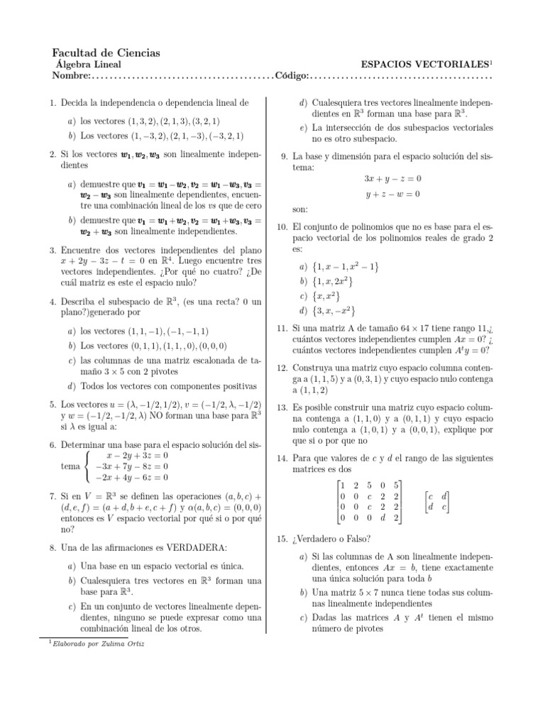 Taller Espacios Vectoriales Modificado | PDF | Espacio vectorial | Base ...