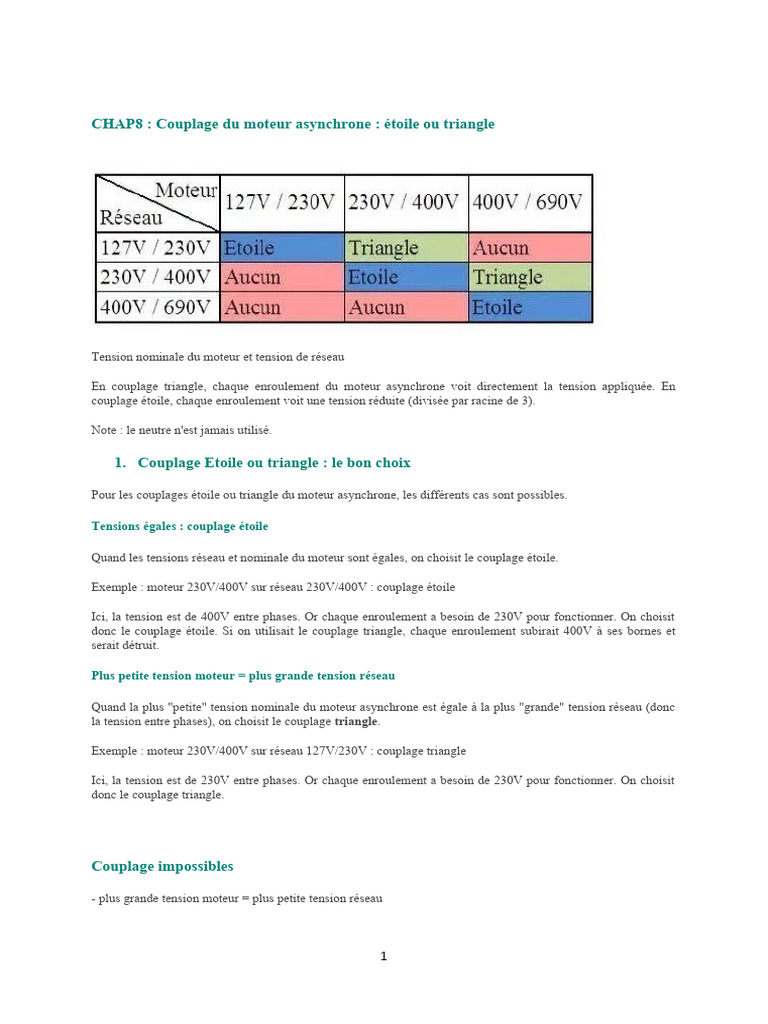 Couplage moteur asynchrone étoile ou triangle PDF Tension — free download