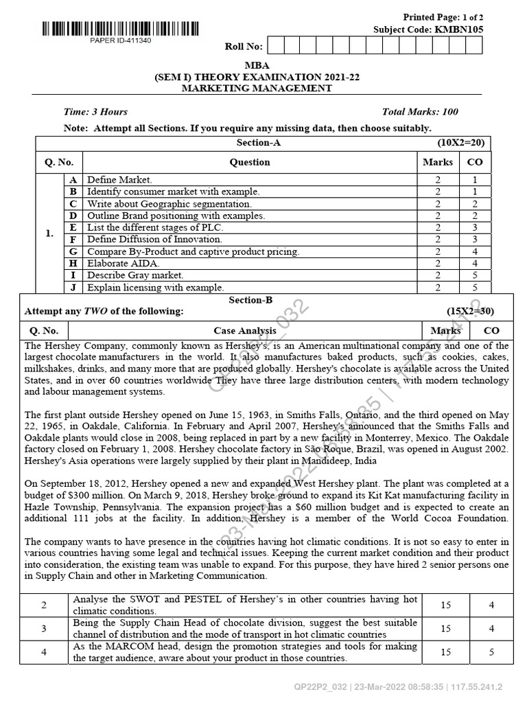 MBA Marketing Management Exam 2024 | PDF | Marketing | Brand