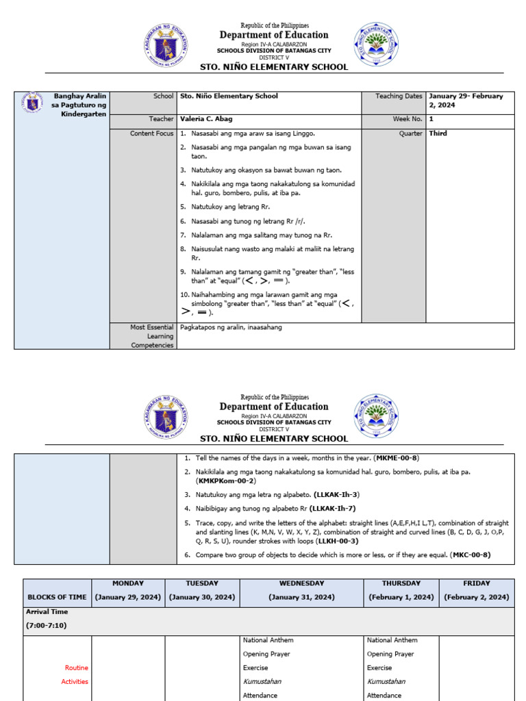 Kindergarten Week 1 Lesson Plan | PDF